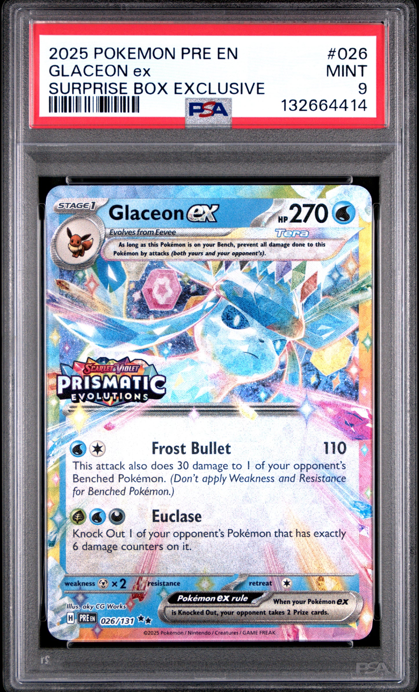 2025 POKEMON PRE EN-PRISMATIC EVOLUTIONS 026 GLACEON EX SURPRISE BOX EXCLUSIVE - PSA MINT 9