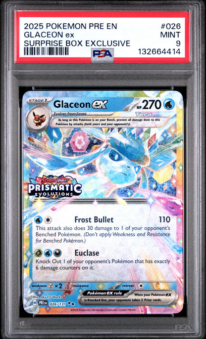 2025 POKEMON PRE EN-PRISMATIC EVOLUTIONS 026 GLACEON EX SURPRISE BOX EXCLUSIVE - PSA MINT 9