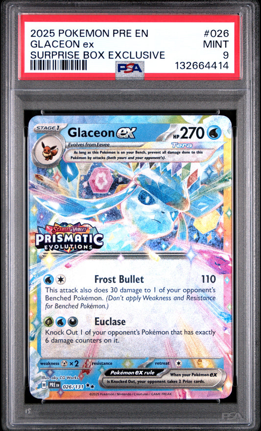 2025 POKEMON PRE EN-PRISMATIC EVOLUTIONS 026 GLACEON EX SURPRISE BOX EXCLUSIVE - PSA MINT 9
