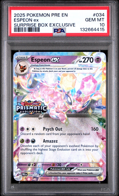 2025 POKEMON PRE EN-PRISMATIC EVOLUTIONS 034 ESPEON EX SURPRISE BOX EXCLUSIVE - PSA GEM MINT 10
