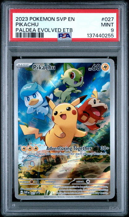 2023 POKEMON SVP EN-SV BLACK STAR PROMO 027 PIKACHU PALDEA EVOLVED ELITE TRAINER BOX - PSA MINT 9