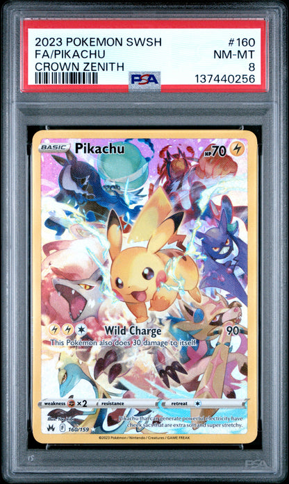 2023 POKEMON SWORD AND SHIELD CROWN ZENITH 160 FULL ART/PIKACHU - PSA NEAR MINT-MINT 8