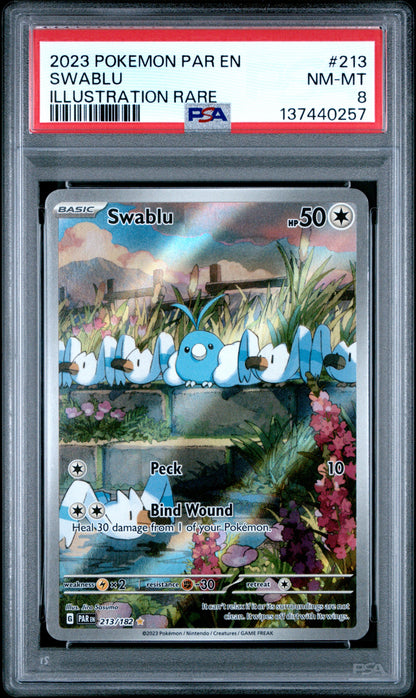 2023 POKEMON PAR EN-PARADOX RIFT 213 SWABLU ILLUSTRATION RARE - PSA NEAR MINT-MINT 8