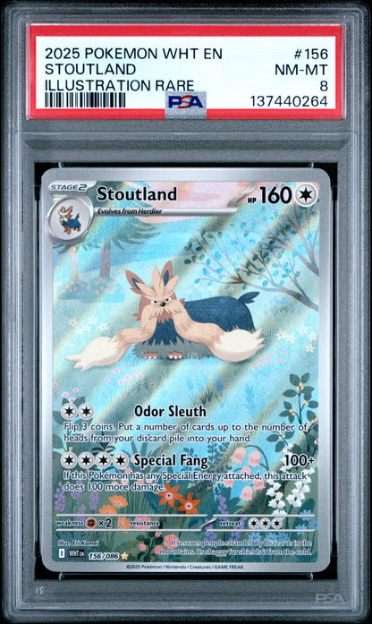 2025 POKEMON WHT EN-WHITE FLARE 156 STOUTLAND ILLUSTRATION RARE - PSA NEAR MINT-MINT 8