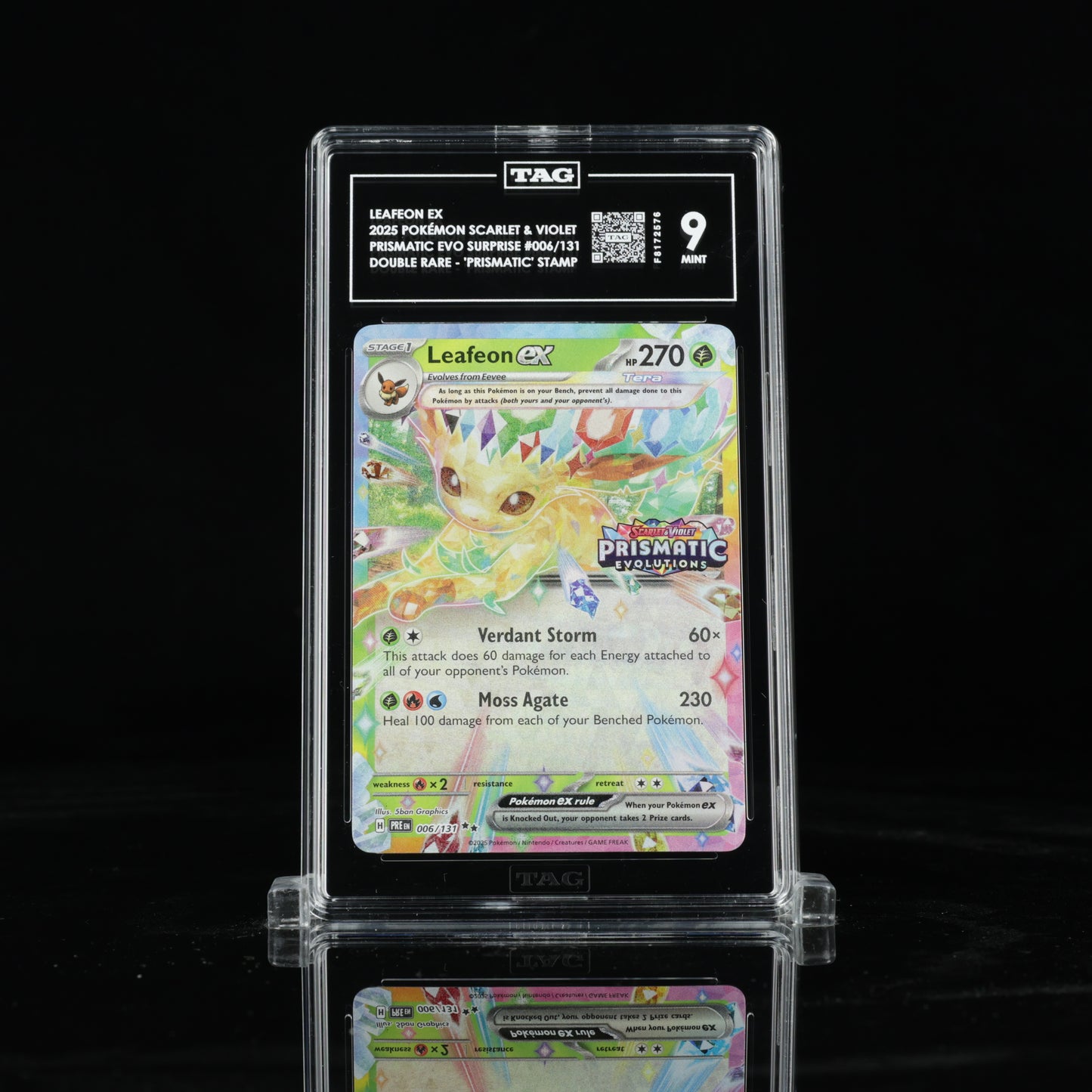2025 Pokémon Scarlet & Violet Prismatic Evolutions Surprise Box 006/131 Leafeon ex Double Rare - "Prismatic Evolutions" Stamp - TAG MINT 9