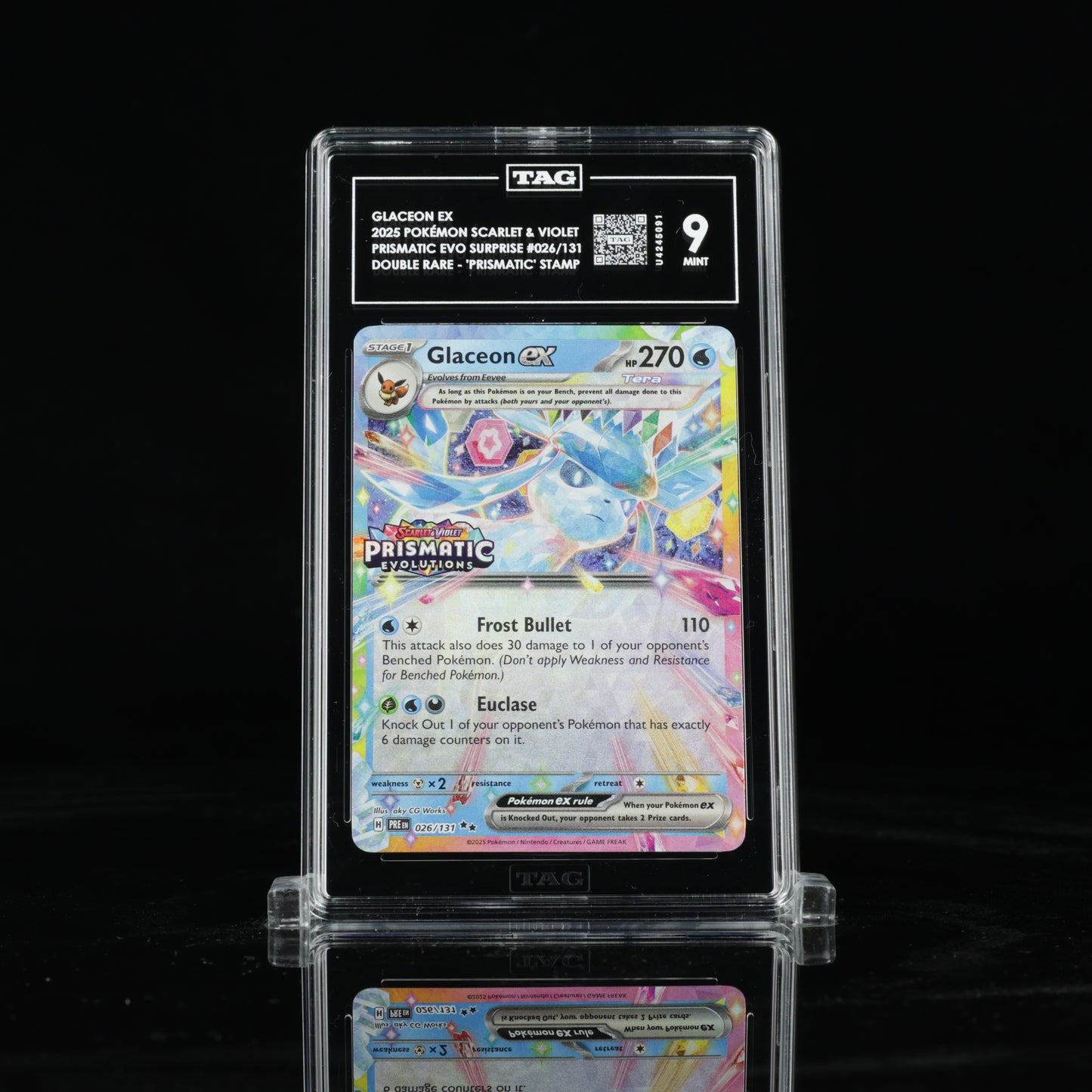 2025 Pokémon Scarlet & Violet Prismatic Evolutions Surprise Box 026/131 Glaceon ex Double Rare - "Prismatic Evolutions" Stamp - TAG MINT 9