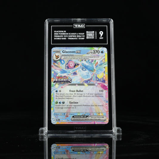 2025 Pokémon Scarlet & Violet Prismatic Evolutions Surprise Box 026/131 Glaceon ex Double Rare - "Prismatic Evolutions" Stamp - TAG MINT 9