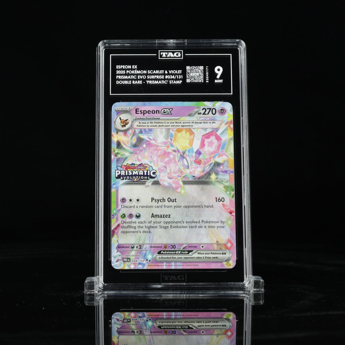 2025 Pokémon Scarlet & Violet Prismatic Evolutions Surprise Box 034/131 Espeon ex Double Rare - "Prismatic Evolutions" Stamp - TAG MINT 9