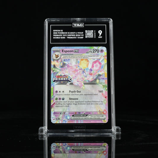 2025 Pokémon Scarlet & Violet Prismatic Evolutions Surprise Box 034/131 Espeon ex Double Rare - "Prismatic Evolutions" Stamp - TAG MINT 9