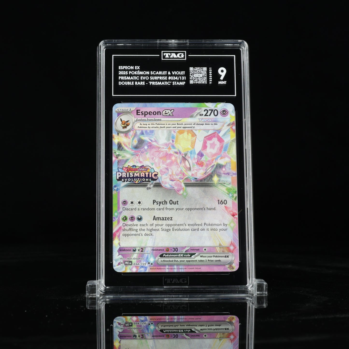 2025 Pokémon Scarlet & Violet Prismatic Evolutions Surprise Box 034/131 Espeon ex Double Rare - "Prismatic Evolutions" Stamp - TAG MINT 9