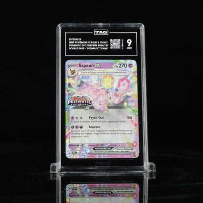 2025 Pokémon Scarlet & Violet Prismatic Evolutions Surprise Box 034/131 Espeon ex Double Rare - "Prismatic Evolutions" Stamp - TAG MINT 9