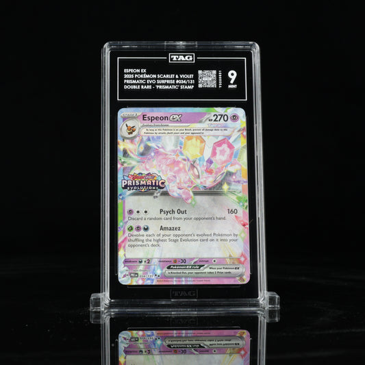 2025 Pokémon Scarlet & Violet Prismatic Evolutions Surprise Box 034/131 Espeon ex Double Rare - "Prismatic Evolutions" Stamp - TAG MINT 9